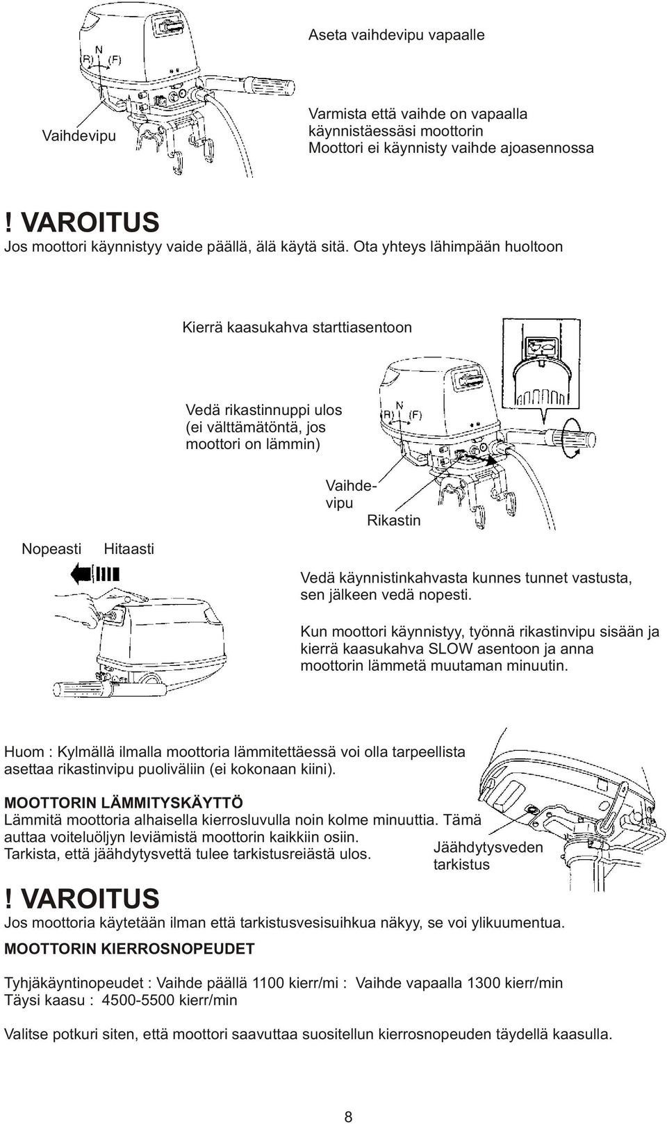 tunnet vastusta, sen jälkeen vedä nopesti. Kun moottori käynnistyy, työnnä rikastinvipu sisään ja kierrä kaasukahva SLOW asentoon ja anna moottorin lämmetä muutaman minuutin.