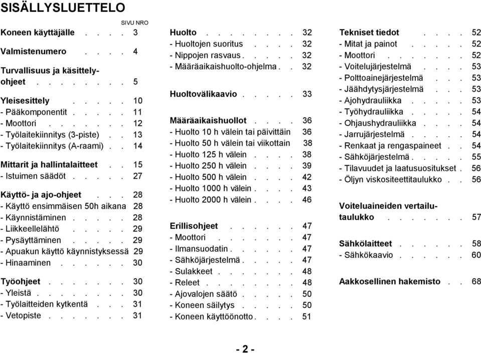 .... 9 - Pysäyttäminen..... 9 - Apuakun käyttö käynnistyksessä 9 - Hinaaminen...... 30 Työohjeet....... 30 - Yleistä........ 30 - Työlaitteiden kytkentä... 3 - Vetopiste....... 3 Huolto.