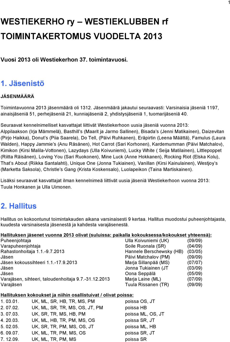 Seuraavat kennelnimelliset kasvattajat liittivät Westiekerhoon uusia jäseniä vuonna 2013: Alppilaakson (Irja Mämmelä), Basthill s (Maarit ja Jarmo Sallinen), Bisada s (Jenni Matikainen), Daizevitan