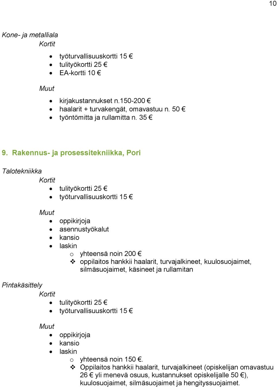 turvajalkineet, kuulosuojaimet, silmäsuojaimet, käsineet ja rullamitan Pintakäsittely kansio o yhteensä noin 150.