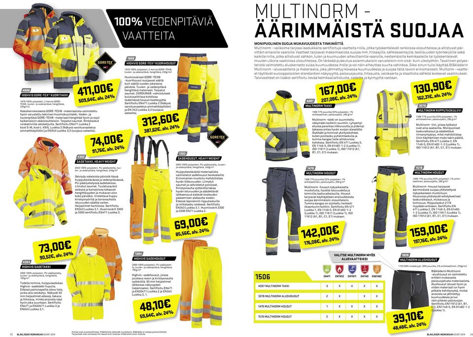 Sertifioitu EN471 Luokka 2 koot S-M, koot L-XXXL Luokka 3 (Näkyvä varoitusvaatetus ammattikäyttöön) ja EN343 Luokka 3,3 (suojaus sateelta). 4324 HIGHVIS SADETAKKI 73,00 90,52, alv.