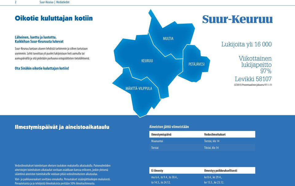 KEURUU MÄNTTÄ-VILPPULA MULTIA PETÄJÄVESI Lukijoita yli 16 000 Viikottainen lukijapeitto 97% Levikki 58107 (LT2013) Prosentuaalinen jakauma 97/-/-/3 Ilmestymispäivät ja aineistoaikataulu Aineiston