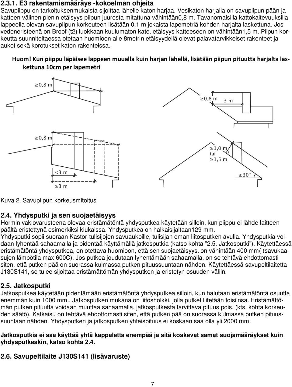 Tavanomaisilla kattokaltevuuksilla lappeella olevan savupiipun korkeuteen lisätään 0,1 m jokaista lapemetriä kohden harjalta laskettuna.