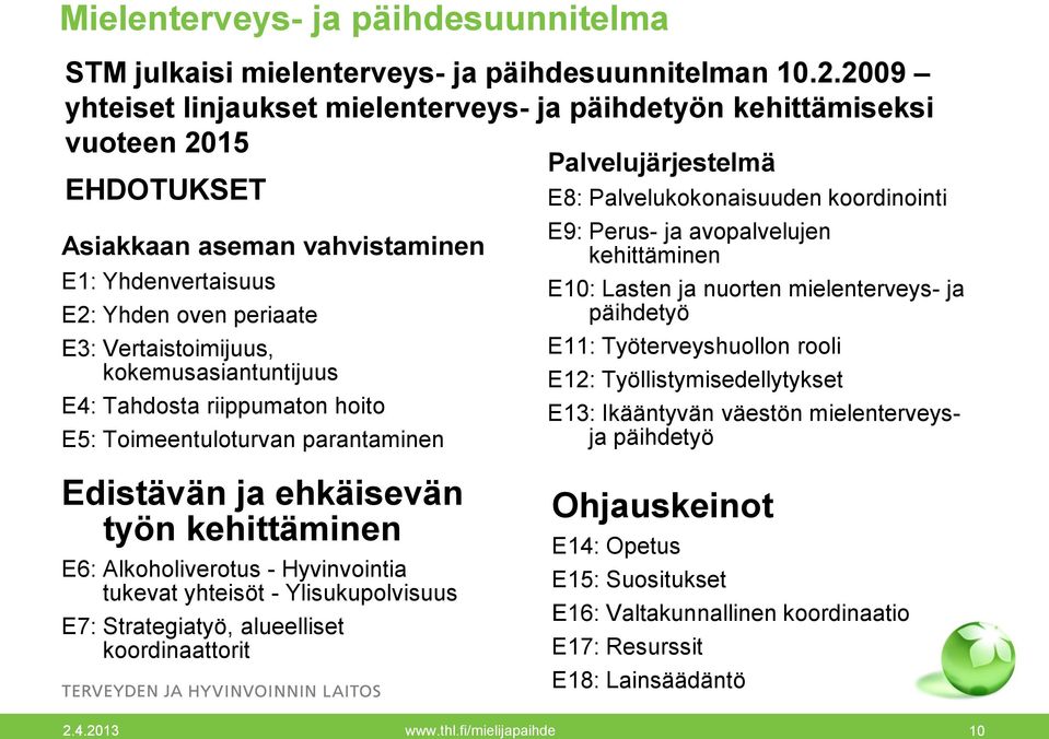 kokemusasiantuntijuus E4: Tahdosta riippumaton hoito E5: Toimeentuloturvan parantaminen Edistävän ja ehkäisevän työn kehittäminen E6: Alkoholiverotus - Hyvinvointia tukevat yhteisöt -