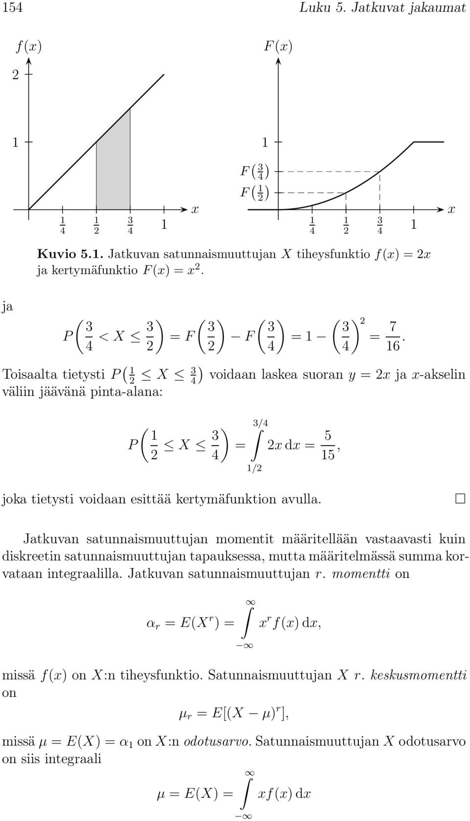 Toisaalta tietysti P ( X 3 4) voidaan laskea suoran y = x ja x-akselin väliin jäävänä pinta-alana: ( P X 3 ) = 4 3/4 / x dx = 5 5, joka tietysti voidaan esittää kertymäfunktion avulla.