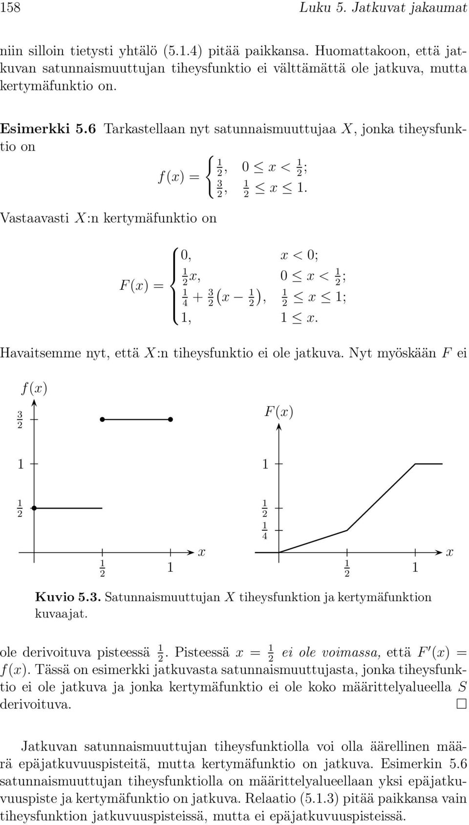 Havaitsemme nyt, että X:n tiheysfunktio ei ole jatkuva. Nyt myöskään F ei 3 f(x) F(x) x 4 x Kuvio 5.3. Satunnaismuuttujan X tiheysfunktion ja kertymäfunktion kuvaajat. ole derivoituva pisteessä.