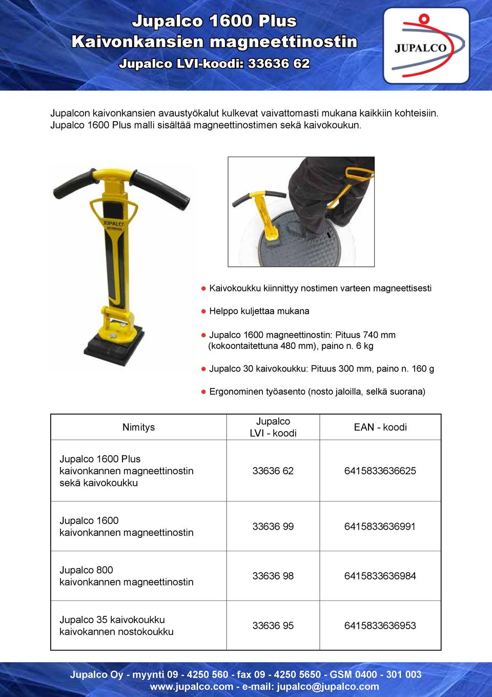 Kaivokoukku kiinnittyy nostimen varteen magneettisesti Helppo kuljettaa mukana Jupalco 1600 magneettinostin: Pituus 740 mm (kokoontaitettuna 480 mm), paino n.