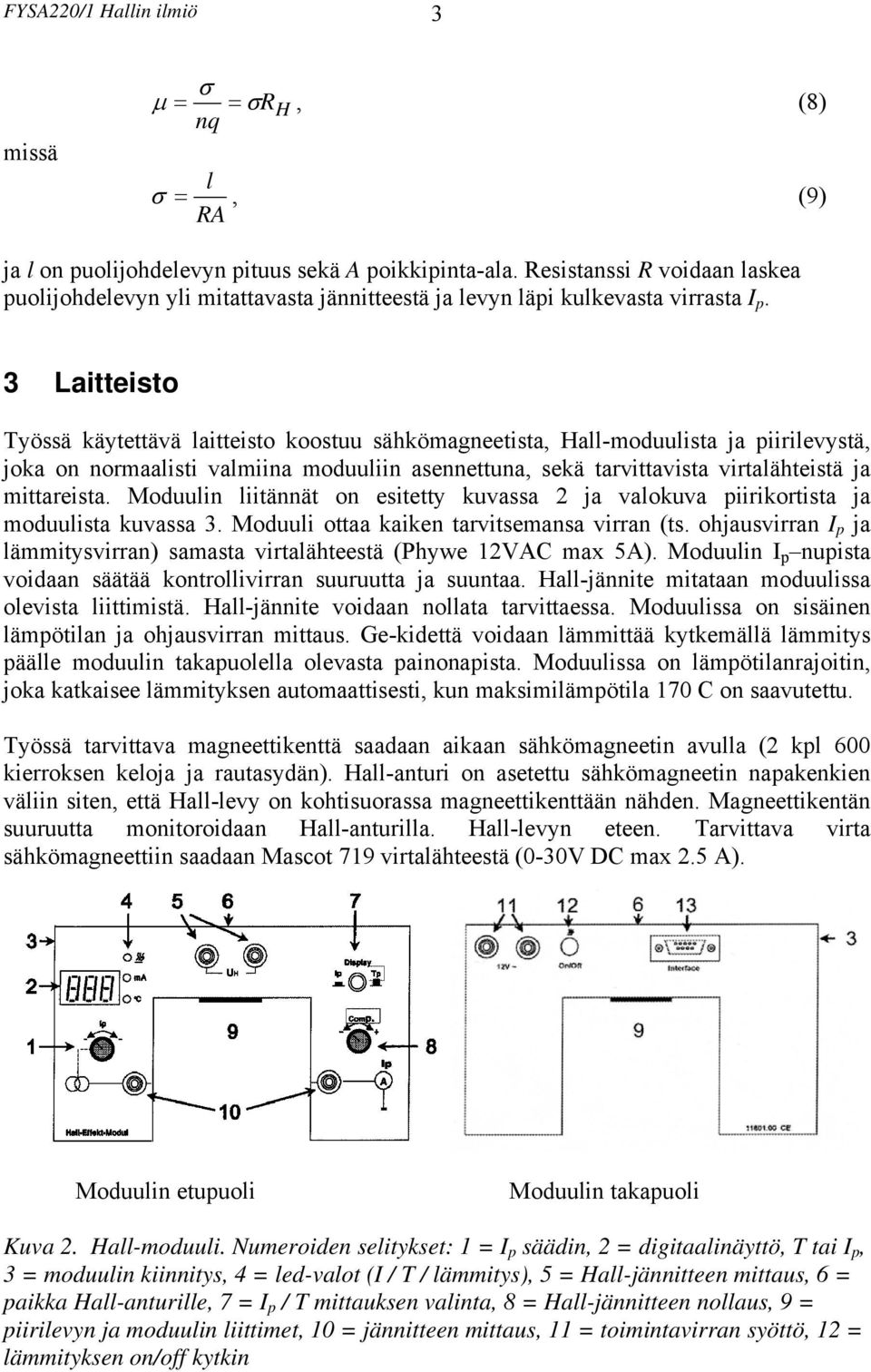 3 Laitteisto Työssä käytettävä laitteisto koostuu sähkömagneetista, Hall-moduulista ja piirilevystä, joka on normaalisti valmiina moduuliin asennettuna, sekä tarvittavista virtalähteistä ja