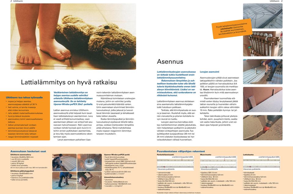 kätevä levykoko asennuslevy toimii asennusaikaisena lattiana Lattialämmitys on hyvä ratkaisu lattian pintamateriaali voidaan asentaa suoraan levyn päälle lämmönluovutuslevyt takaavat tasaisen lämmön