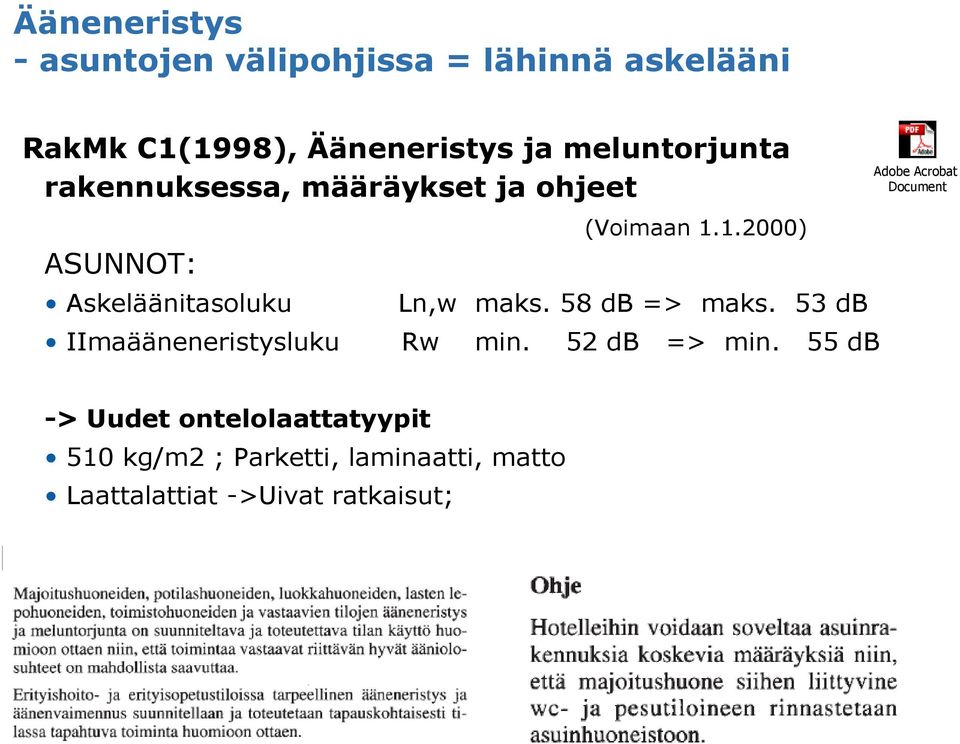 1.2000) Askeläänitasoluku Ln,w maks. 58 db => maks. 53 db IImaääneneristysluku Rw min.