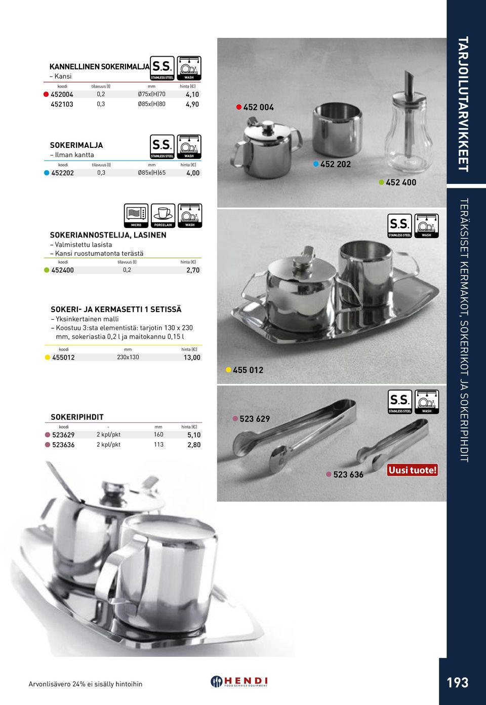 Koostuu 3:sta elementistä: tarjotin 130 x 230, sokeriastia 0,2 l ja maitokannu 0,15 l 230x130 455012 13,00 Sokeripihdit koodi - 2 kpl/pkt 160 2