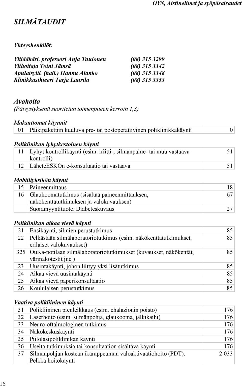 postoperatiivinen poliklinikkakäynti 0 Poliklinikan lyhytkestoinen käynti 11 Lyhyt kontrollikäynti (esim.