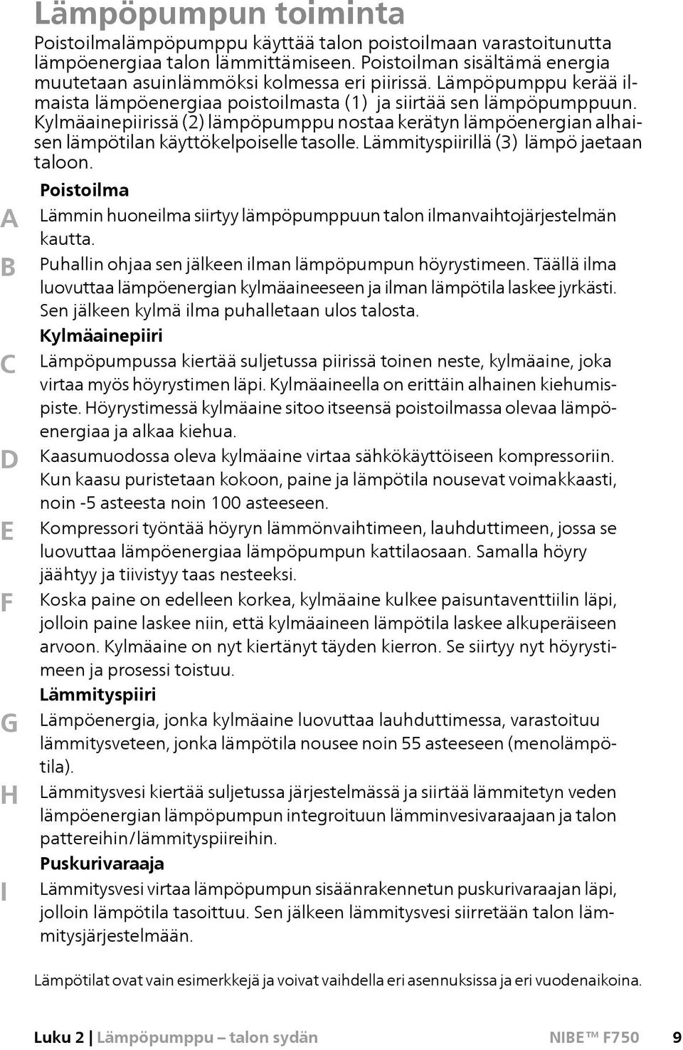 Lämmityspiirillä (3) lämpö jaetaan taloon. A B C D E F G H I Poistoilma Lämmin huoneilma siirtyy lämpöpumppuun talon ilmanvaihtojärjestelmän kautta.