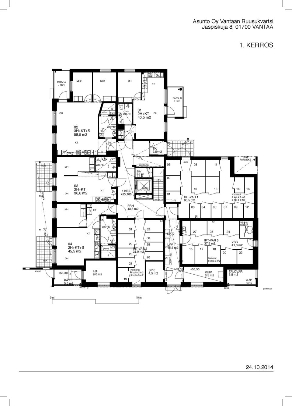 KR +53,700 HII 01 IRT-VAR 1 60,5 m2 10 13 14 16 Komerot 9 kpl à 2 m2 6 kpl à 3 m2 PRH 43,5 m2 03 04 05 07 09 12 muuri KATO TER +53,30 04 2H++ 45,5 m2 KÄYT 5,5 m2 +53,65 LJH 9,0 m2 19