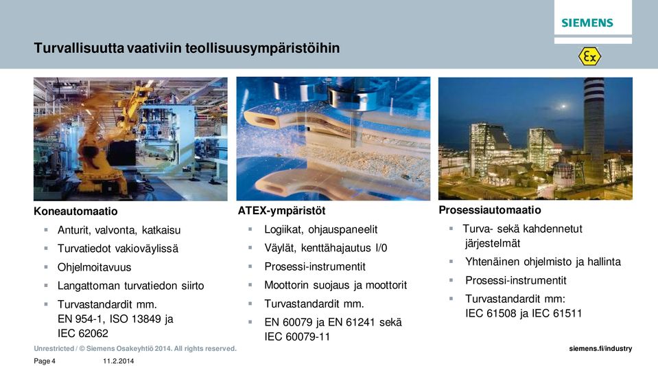 EN 954-1, ISO 13849 ja IEC 62062 Page 4 ATEX-ympäristöt Logiikat, ohjauspaneelit Väylät, kenttähajautus I/0 Prosessi-instrumentit Moottorin