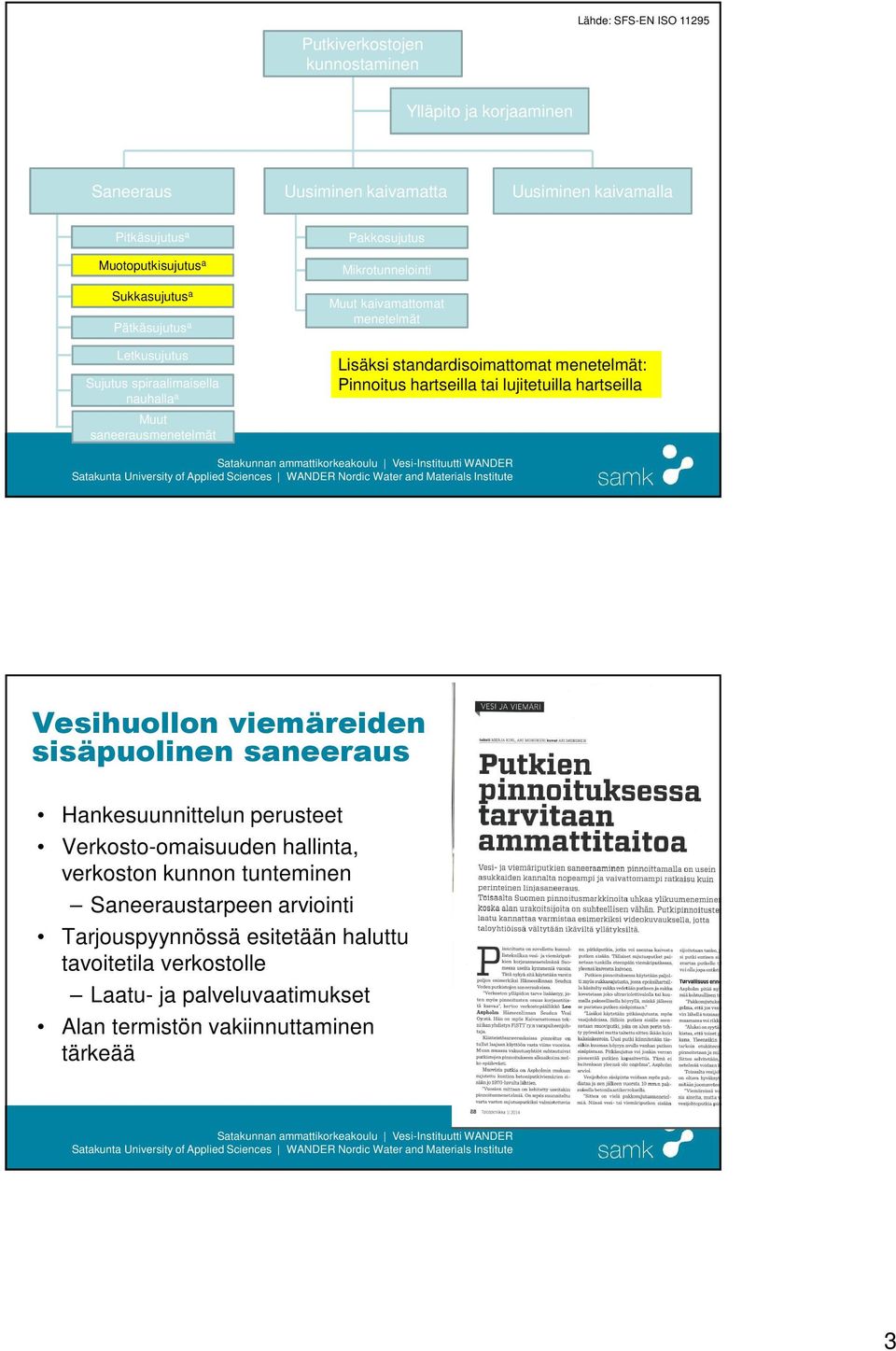 standardisoimattomat menetelmät: Pinnoitus hartseilla tai lujitetuilla hartseilla Vesihuollon viemäreiden sisäpuolinen saneeraus Hankesuunnittelun perusteet Verkosto-omaisuuden