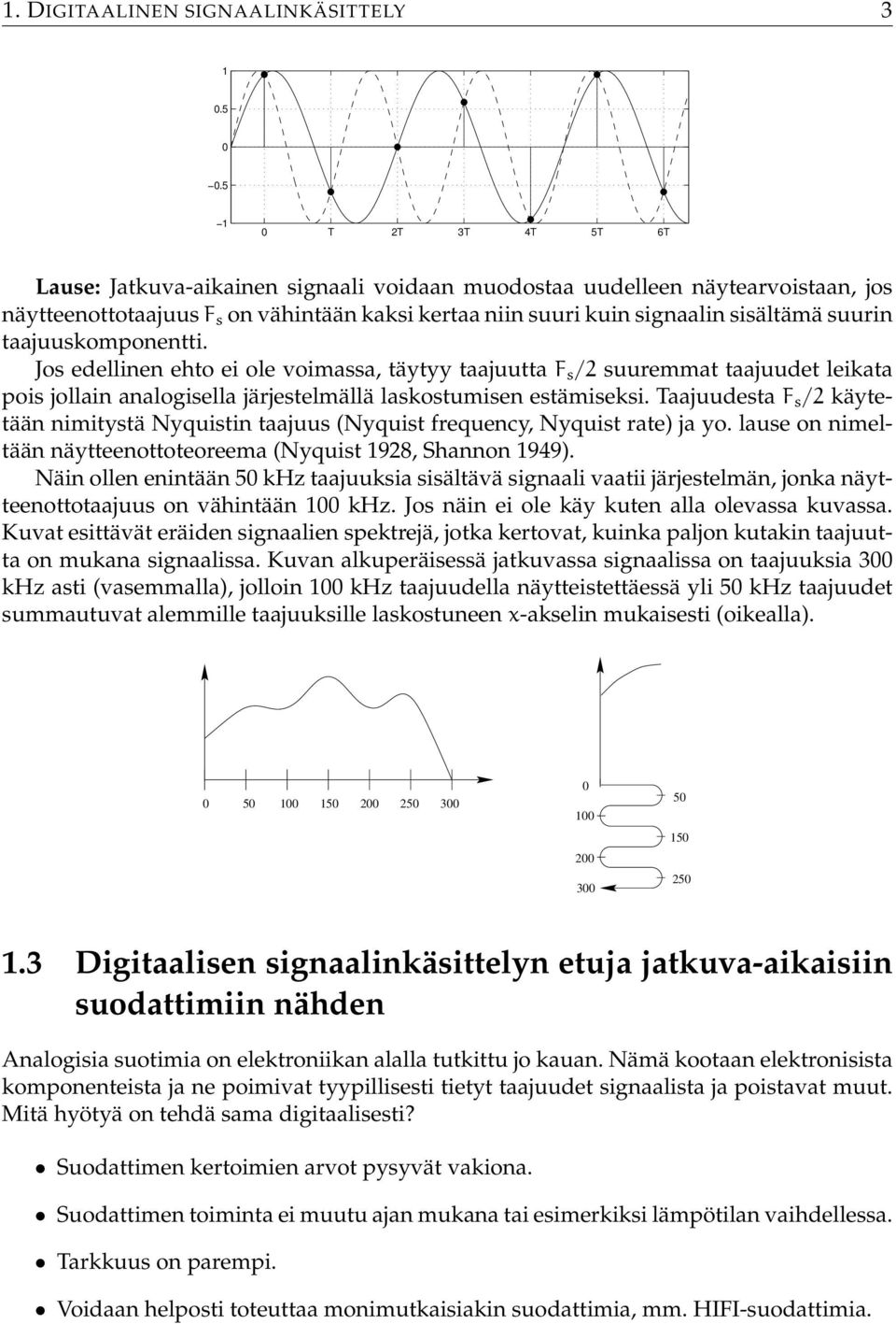 taajuuskomponentti. Jos edellinen ehto ei ole voimassa, täytyy taajuutta F s /2 suuremmat taajuudet leikata pois jollain analogisella järjestelmällä laskostumisen estämiseksi.