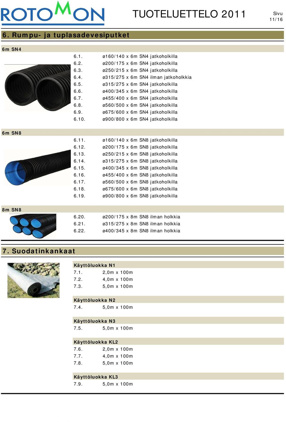 ø900/800 x 6m SN4 jatkoholkilla 6m SN8 6.11. ø160/140 x 6m SN8 jatkoholkilla 6.12. ø200/175 x 6m SN8 jatkoholkilla 6.13. ø250/215 x 6m SN8 jatkoholkilla 6.14. ø315/275 x 6m SN8 jatkoholkilla 6.15. ø400/345 x 6m SN8 jatkoholkilla 6.