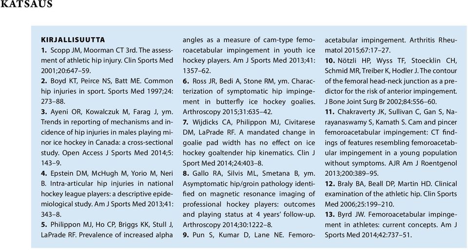 Open Access J Sports Med 2014;5: 143 9. 4. Epstein DM, McHugh M, Yorio M, Neri B. Intra-articular hip injuries in national hockey league players: a descriptive epidemiological study.