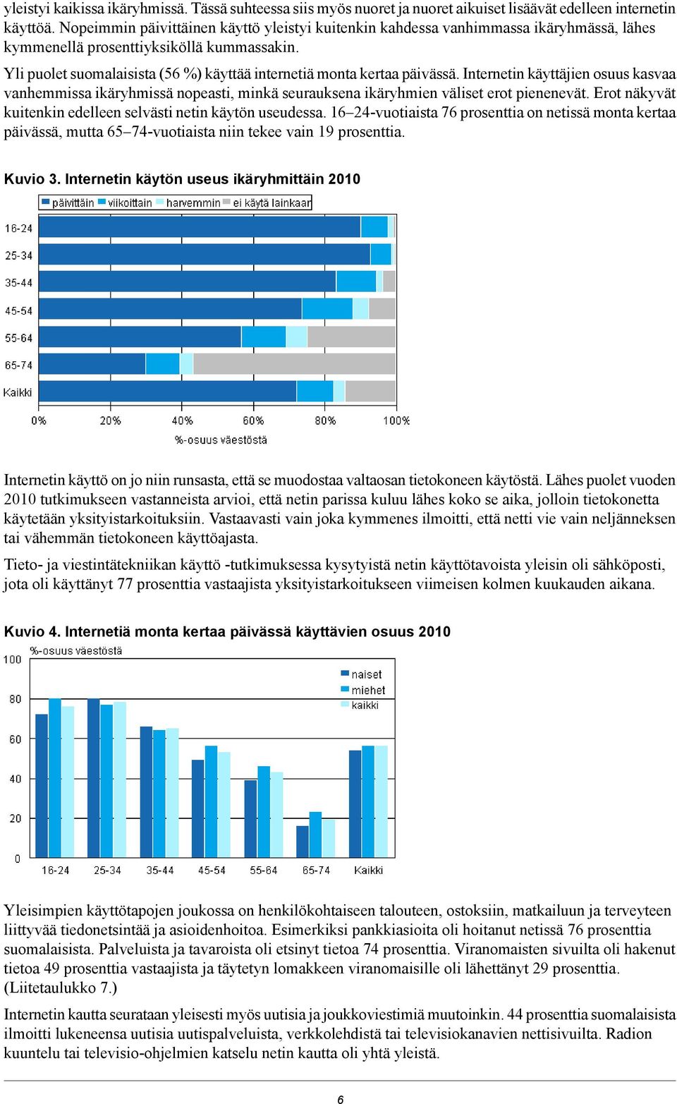 Yli puolet suomalaisista ( %) käyttää internetiä monta kertaa päivässä. Internetin käyttäjien osuus kasvaa vanhemmissa ikäryhmissä nopeasti, minkä seurauksena ikäryhmien väliset erot pienenevät.