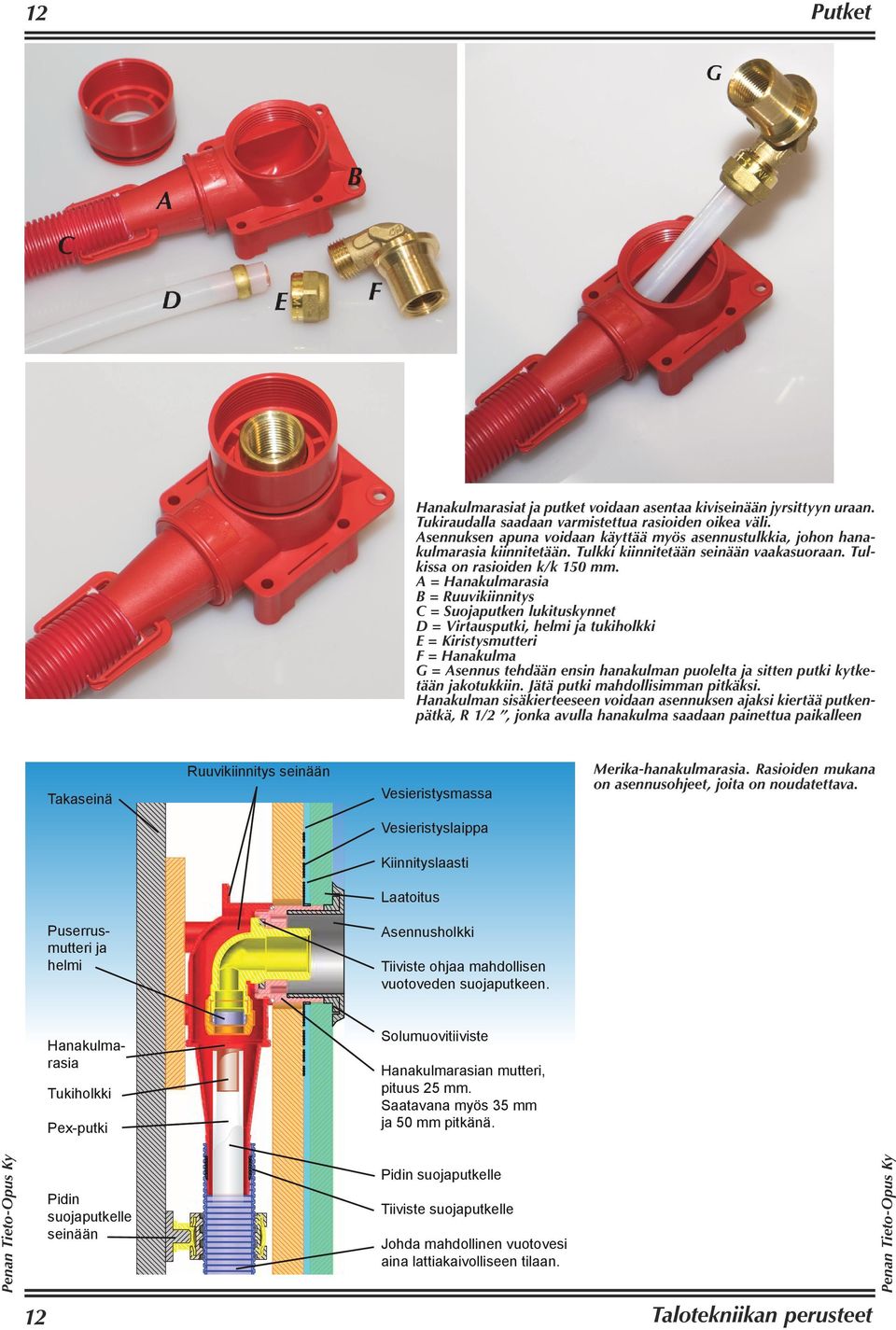 A = Hanakulmarasia B = Ruuvikiinnitys C = Suojaputken lukituskynnet D = Virtausputki, helmi ja tukiholkki E = Kiristysmutteri MERIKA F = Hanakulma G = Asennus tehdään ensin hanakulman puolelta ja