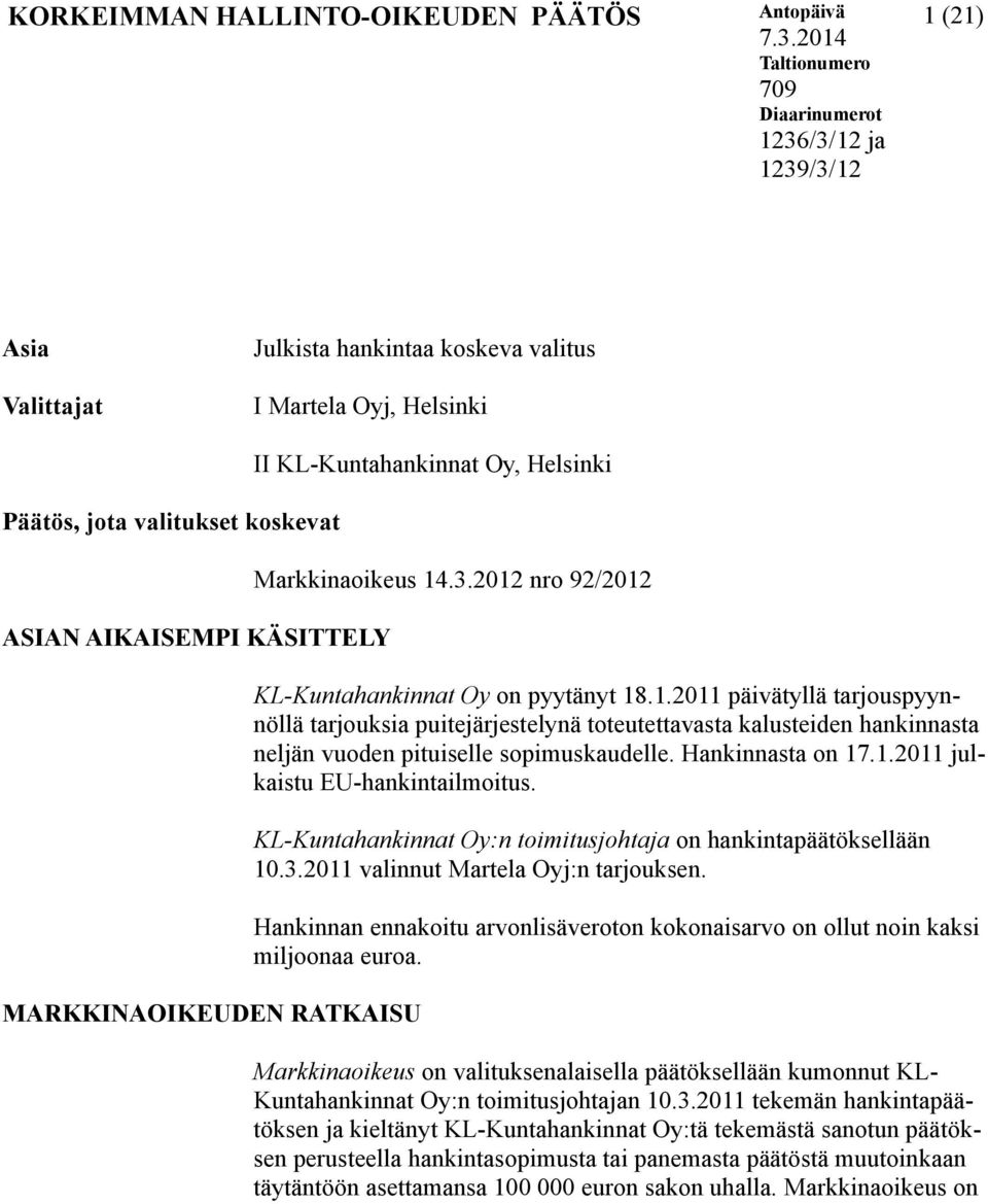 KÄSITTELY MARKKINAOIKEUDEN RATKAISU II KL-Kuntahankinnat Oy, Helsinki Markkinaoikeus 14
