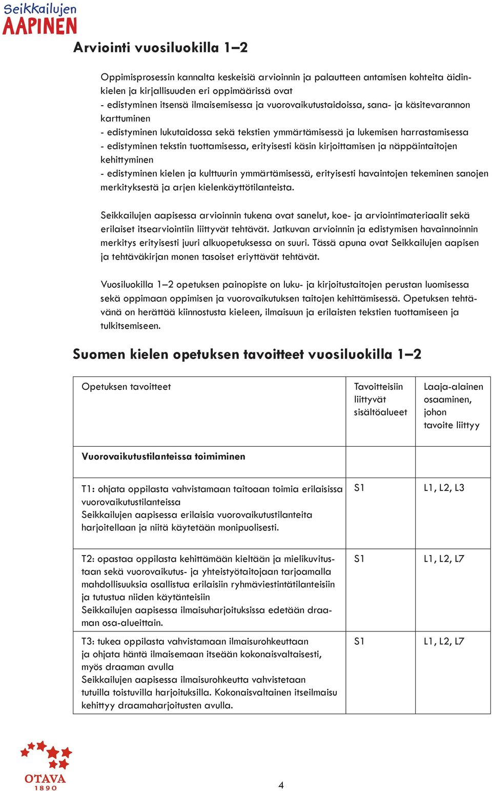 kirjoittamisen ja näppäintaitojen kehittyminen - edistyminen kielen ja kulttuurin ymmärtämisessä, erityisesti havaintojen tekeminen sanojen merkityksestä ja arjen kielenkäyttötilanteista.