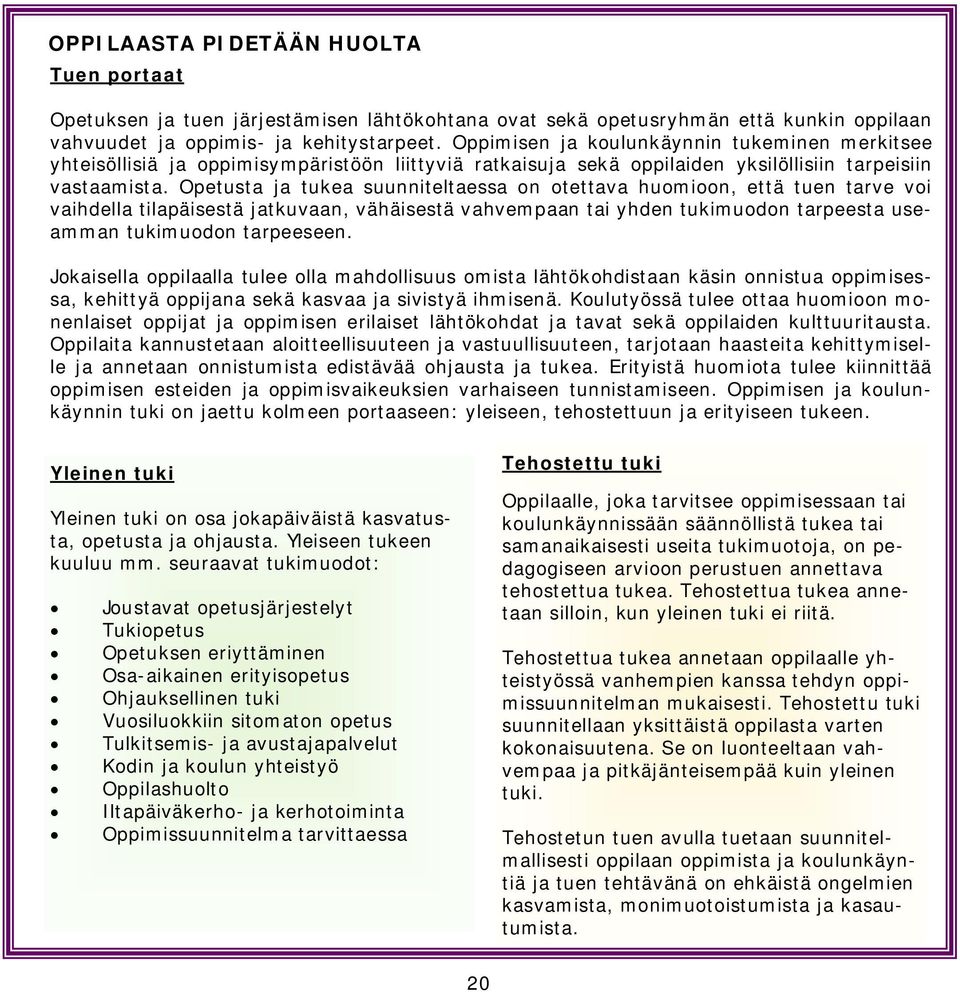 Opetusta ja tukea suunniteltaessa on otettava huomioon, että tuen tarve voi vaihdella tilapäisestä jatkuvaan, vähäisestä vahvempaan tai yhden tukimuodon tarpeesta useamman tukimuodon tarpeeseen.