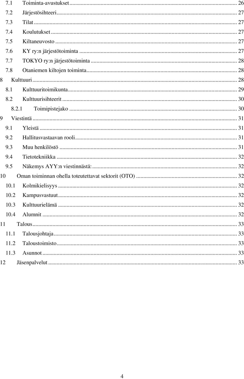 1 Yleistä... 31 9.2 Hallitusvastaavan rooli... 31 9.3 Muu henkilöstö... 31 9.4 Tietotekniikka... 32 9.5 Näkemys AYY:n viestinnästä:... 32 10 Oman toiminnan ohella toteutettavat sektorit (OTO).