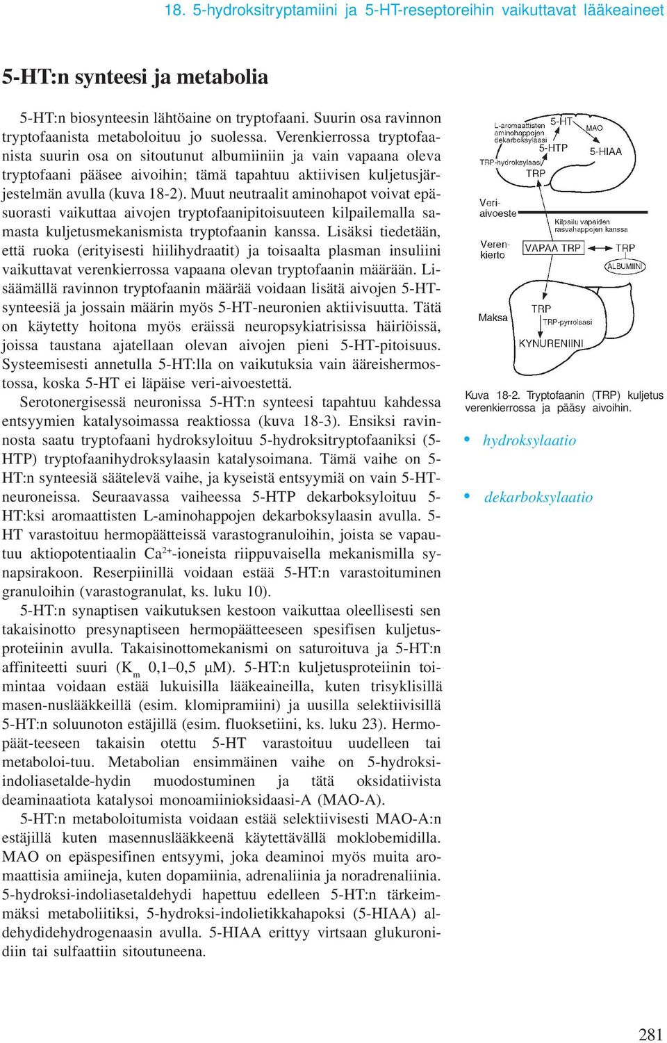 Verenkierrossa tryptofaanista suurin osa on sitoutunut albuiiniin ja vain vapaana oleva tryptofaani pääsee aivoihin; tää tapahtuu aktiivisen kuljetusjärjestelän avulla (kuva 18-2).