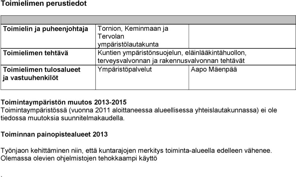 Toimintaympäristön muutos 2013-2015 Toimintaympäristössä (vuonna 2011 aloittaneessa alueellisessa yhteislautakunnassa) ei ole tiedossa muutoksia