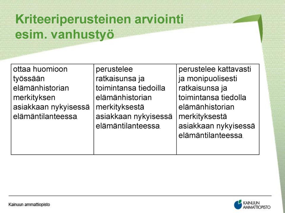 perustelee ratkaisunsa ja toimintansa tiedoilla elämänhistorian merkityksestä asiakkaan nykyisessä