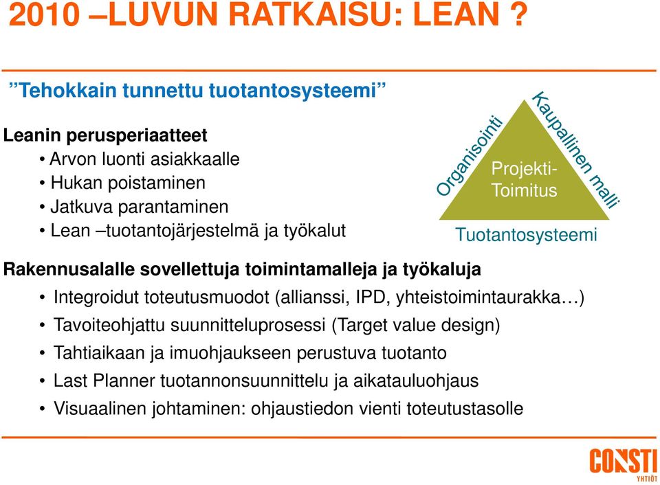 tuotantojärjestelmä ja työkalut Projekti- Toimitus Tuotantosysteemi Rakennusalalle sovellettuja toimintamalleja ja työkaluja Integroidut