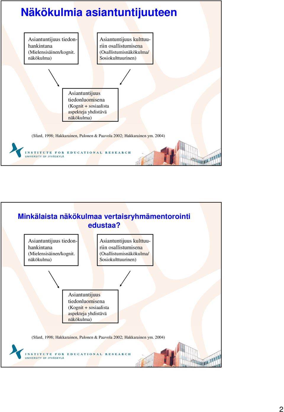 (Sfard, 1998; Hakkarainen, Palonen & Paavola 2002; Hakkarainen ym. 2004) Minkälaista näkökulmaa vertaisryhmämentorointi edustaa?