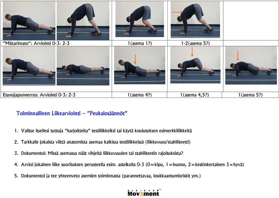 Tarkkaile jokaista viittä anatomista asemaa kaikissa testiliikkeissä (liikkuvuus/stabiliteetti) 3.