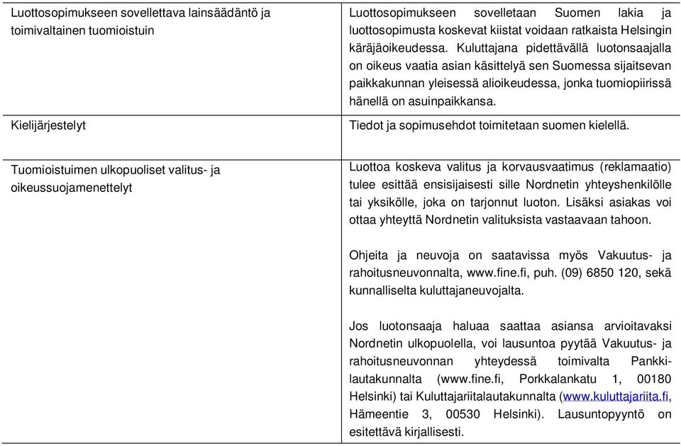 Kuluttajana pidettävällä luotonsaajalla on oikeus vaatia asian käsittelyä sen Suomessa sijaitsevan paikkakunnan yleisessä alioikeudessa, jonka tuomiopiirissä hänellä on asuinpaikkansa.