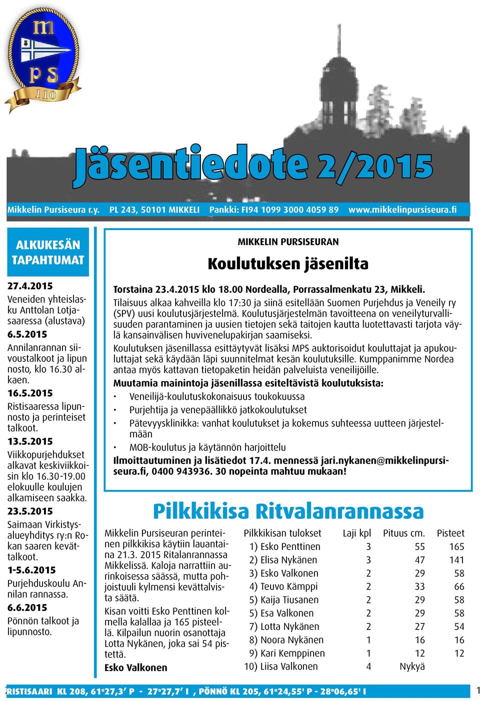 00 elokuulle koulujen alkamiseen saakka. 23.5.2015 Saimaan Virkistysalueyhditys ry:n Rokan saaren kevättalkoot. 1-5.6.2015 Purjehduskoulu Annilan rannassa. 6.6.2015 Pönnön talkoot ja lipunnosto.