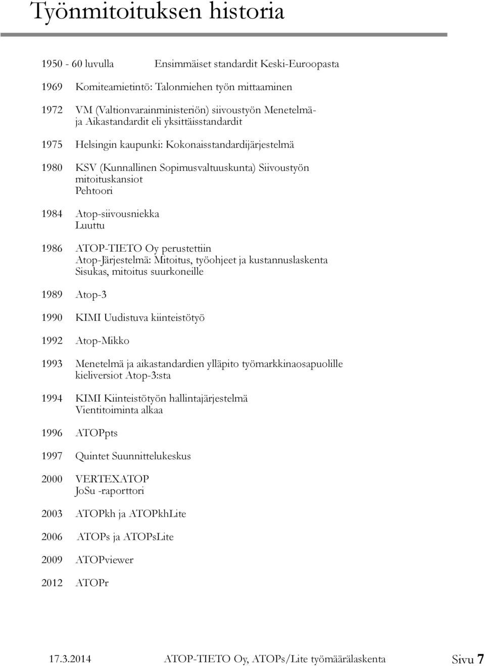Luuttu 1986 ATOP-TIETO Oy perustettiin Atop-Järjestelmä: Mitoitus, työohjeet ja kustannuslaskenta Sisukas, mitoitus suurkoneille 1989 Atop-3 1990 KIMI Uudistuva kiinteistötyö 1992 Atop-Mikko 1993