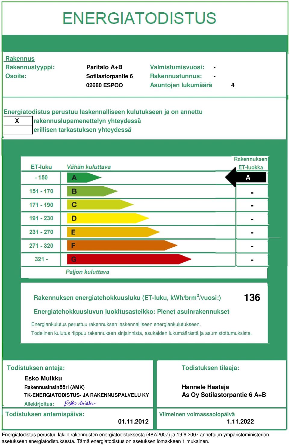 Energiankulutus perustuu rakennuksen laskennalliseen energiankulutukseen. Todelinen kulutus riippuu rakennuksen sinjainnista, asukaiden lukumäärästä ja asumistottumuksista.