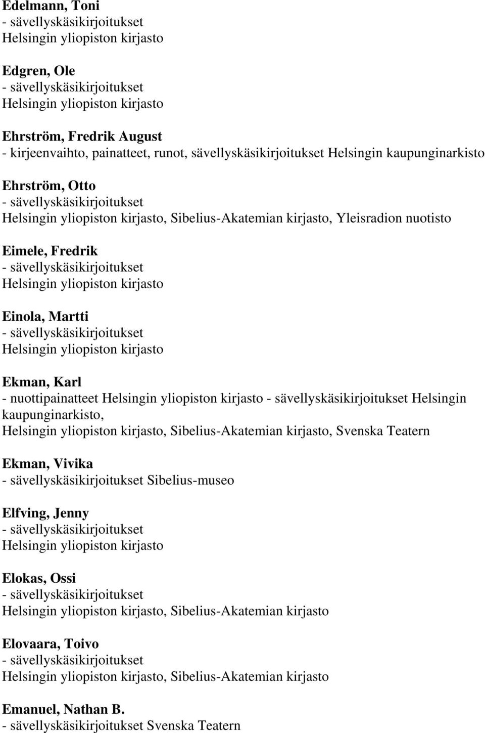 - nuottipainatteet Helsingin kaupunginarkisto,, Sibelius-Akatemian kirjasto, Svenska Teatern Ekman, Vivika Sibelius-museo