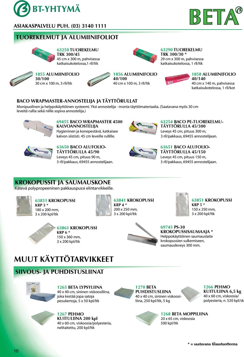 40/100 40 cm x 100 m, 3 rll/ltk 63290 TUOREKELMU TRK 300/30 * 29 cm x 300 m, pahvisessa katkaisukotelossa, 1 rll/ltk 1858 ALUMIINIFOLIO 40/140 40 cm x 140 m, pahvisessa katkaisukotelossa, 1 rll/kot