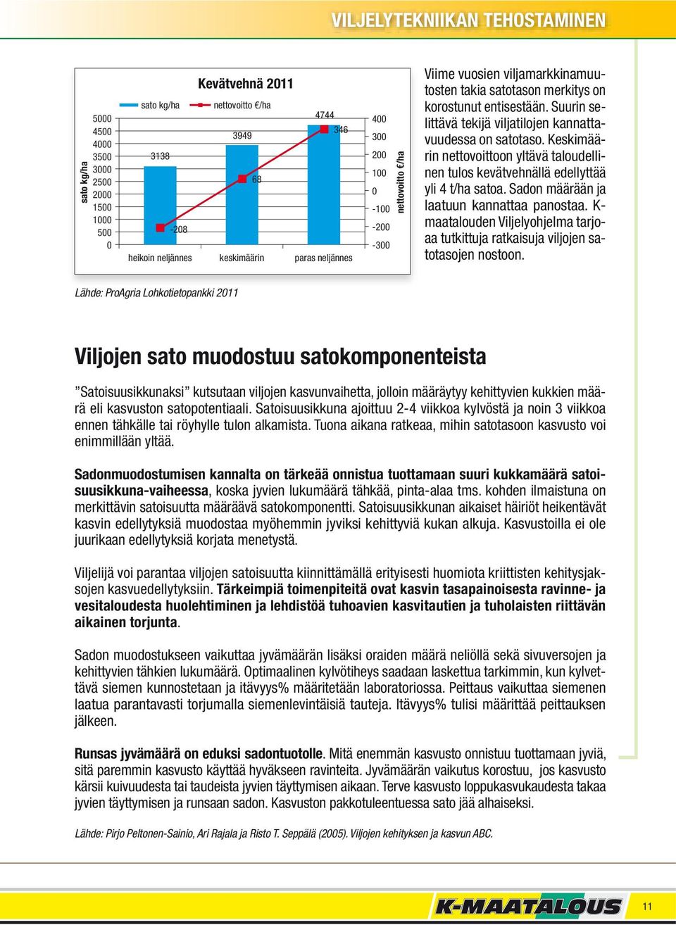 Suurin selittävä tekijä viljatilojen kannattavuudessa on satotaso. Keskimäärin nettovoittoon yltävä taloudellinen tulos kevätvehnällä edellyttää yli 4 t/ha satoa.