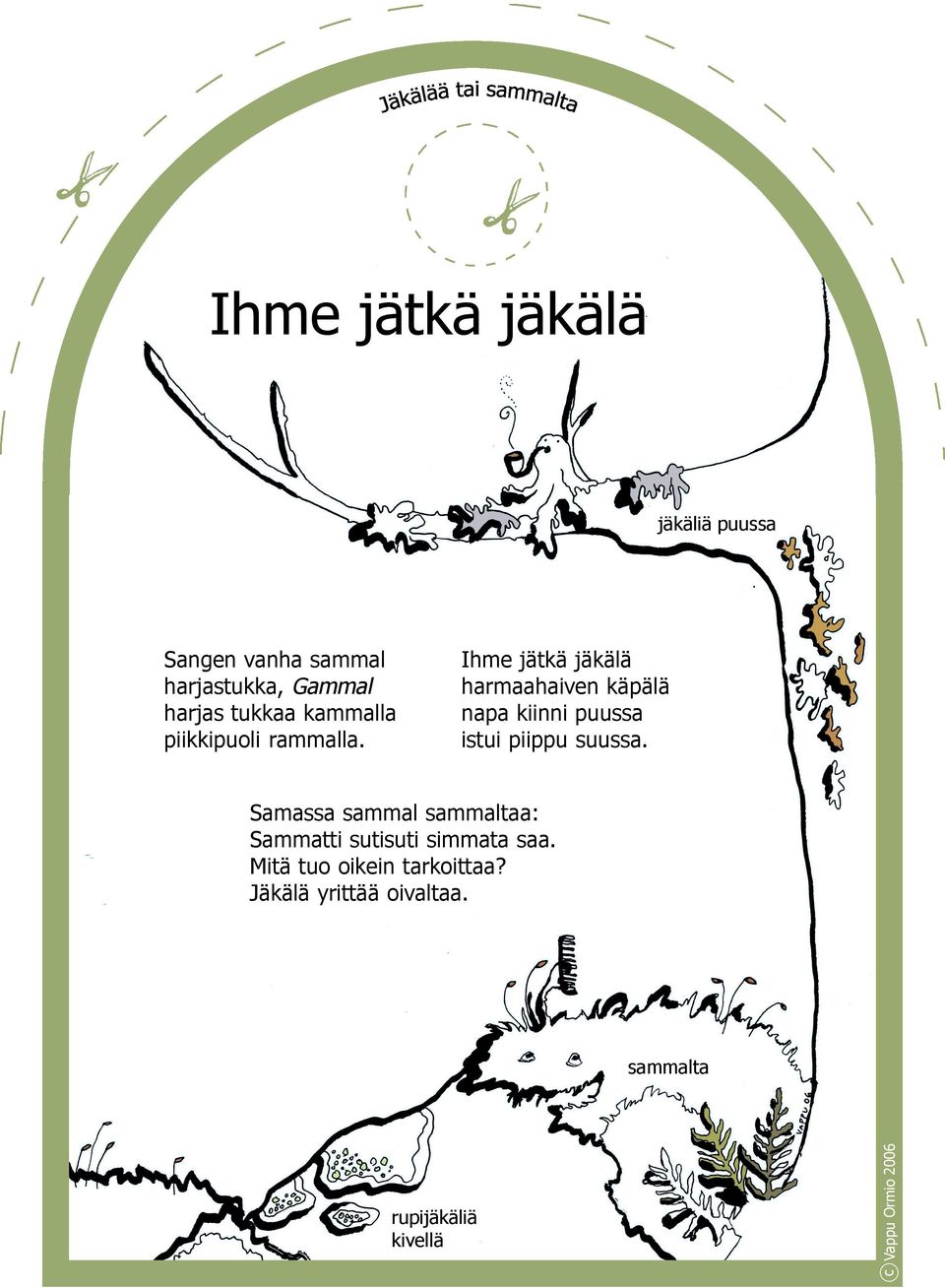 Ihme jätkä jäkälä harmaahaiven käpälä napa kiinni puussa istui piippu suussa.