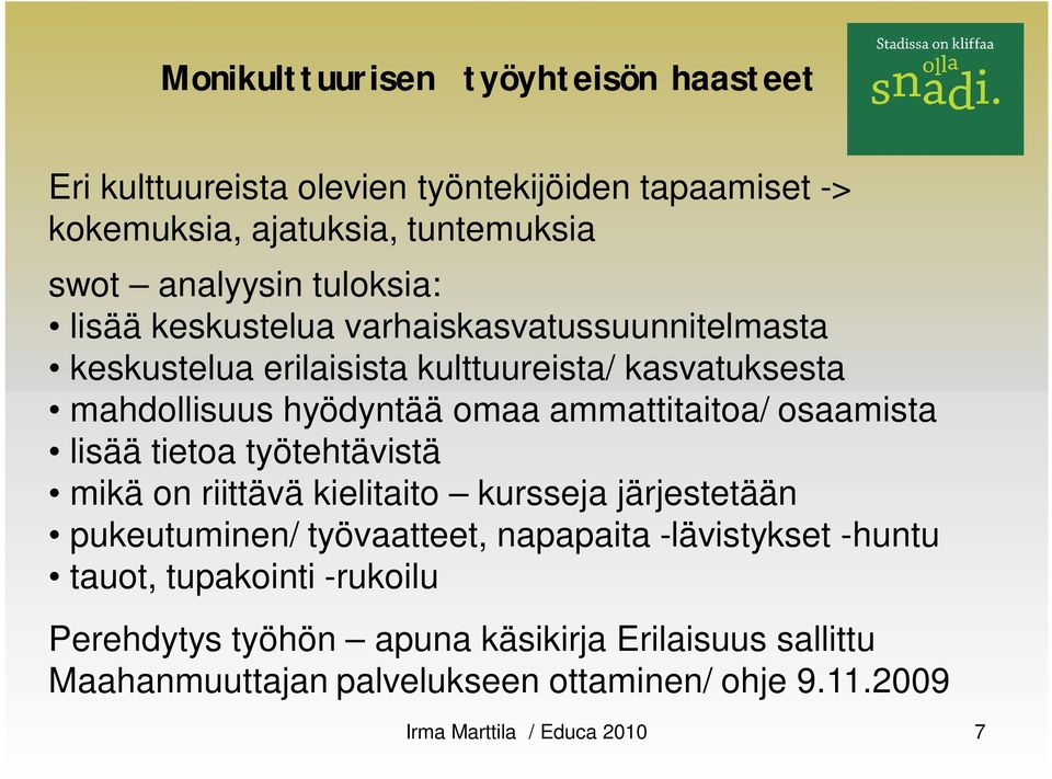 ammattitaitoa/ osaamista lisää tietoa työtehtävistä mikä on riittävä kielitaito kursseja järjestetään pukeutuminen/ työvaatteet, napapaita