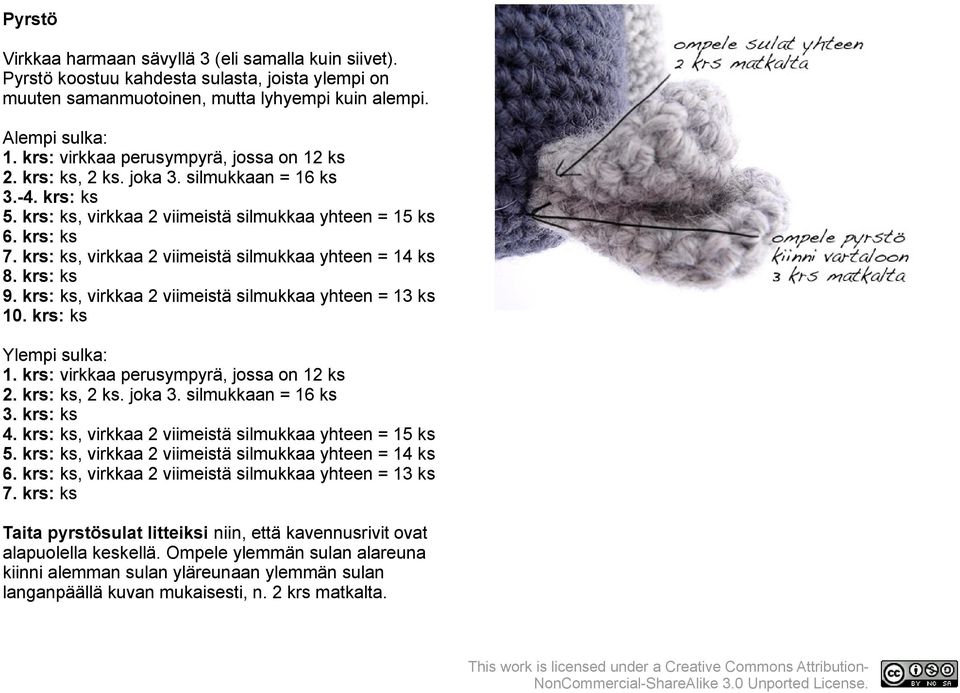 krs: ks, virkkaa 2 viimeistä silmukkaa yhteen = 14 ks 8. krs: ks 9. krs: ks, virkkaa 2 viimeistä silmukkaa yhteen = 13 ks 10. krs: ks Ylempi sulka: 1. krs: virkkaa perusympyrä, jossa on 12 ks 2.