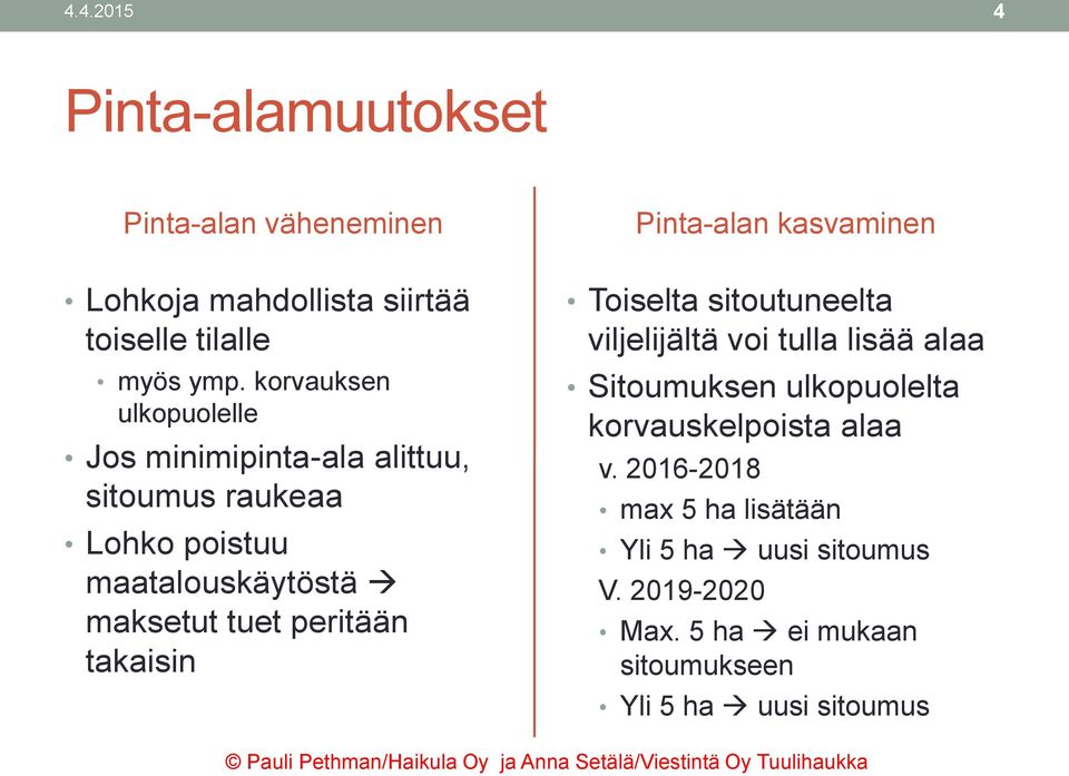 peritään takaisin Pinta-alan kasvaminen Toiselta sitoutuneelta viljelijältä voi tulla lisää alaa Sitoumuksen ulkopuolelta