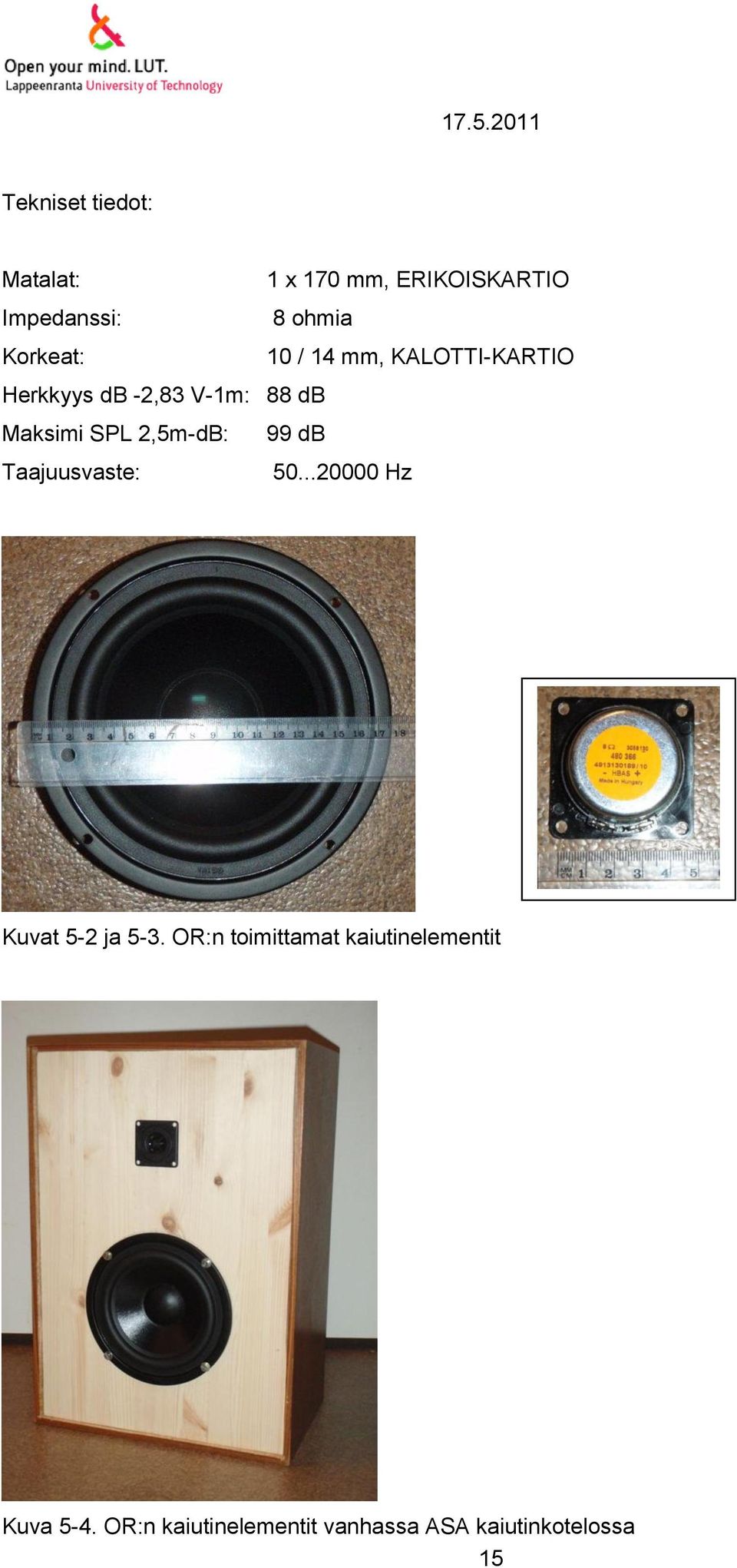 2,5m-dB: Taajuusvaste: 99 db 50...20000 Hz Kuvat 5-2 ja 5-3.