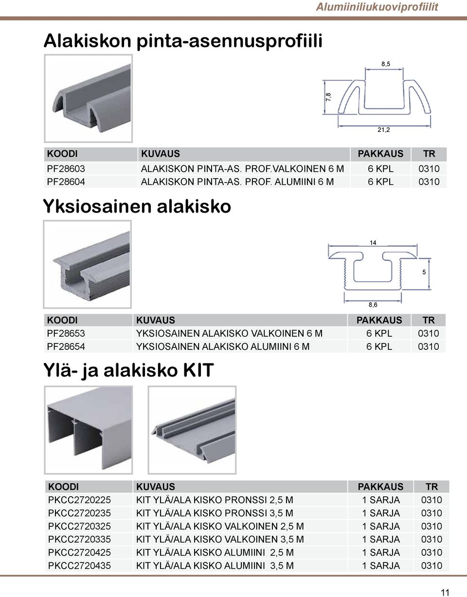 ALUMIINI 6 M 6 KPL 0310 Yksiosainen alakisko 14 5 PF28653 YKSIOSAINEN ALAKISKO VALKOINEN 6 M 6 KPL 0310 PF28654 YKSIOSAINEN ALAKISKO ALUMIINI 6 M 6 KPL 0310 Ylä- ja alakisko