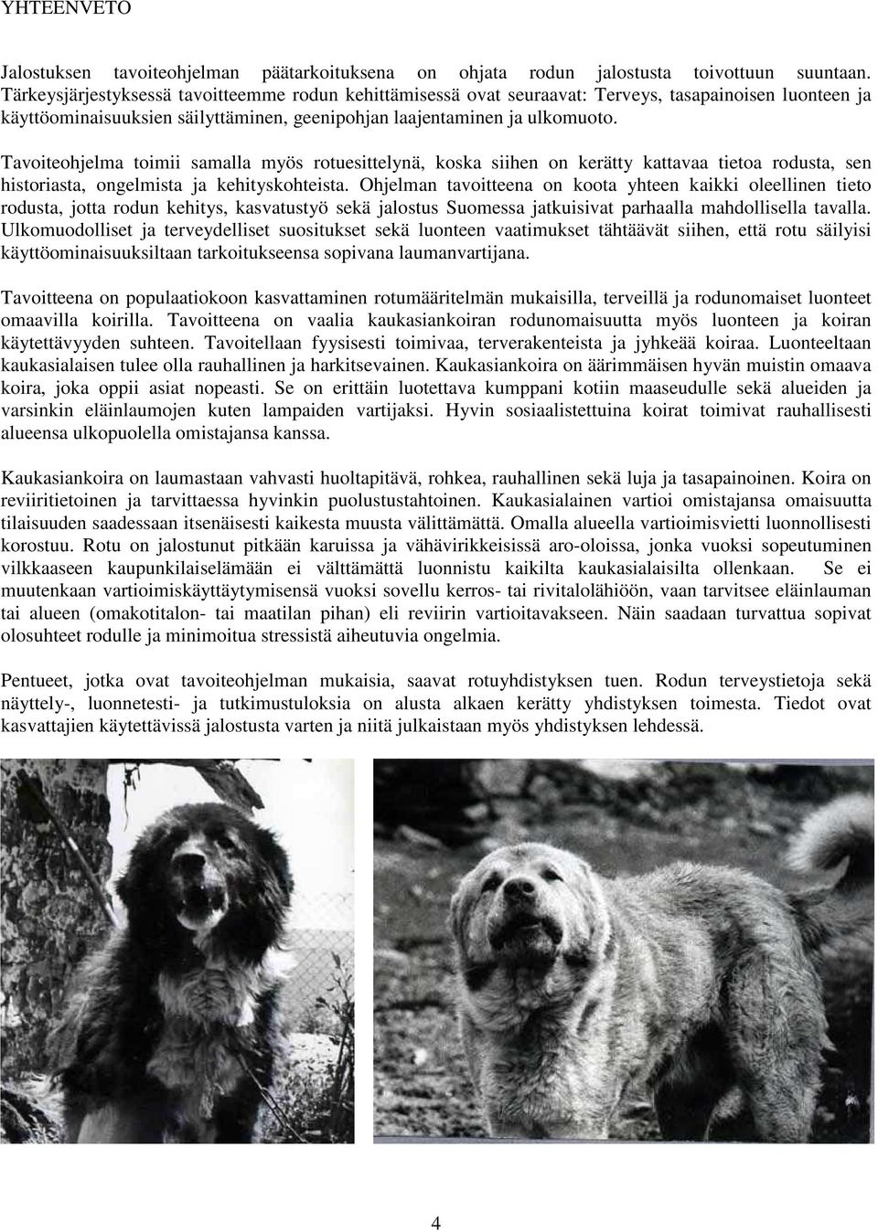 Tavoiteohjelma toimii samalla myös rotuesittelynä, koska siihen on kerätty kattavaa tietoa rodusta, sen historiasta, ongelmista ja kehityskohteista.