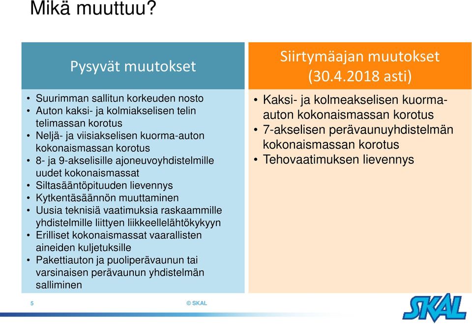 9-akselisille ajoneuvoyhdistelmille uudet kokonaismassat Siltasääntöpituuden lievennys Kytkentäsäännön muuttaminen Uusia teknisiä vaatimuksia raskaammille yhdistelmille liittyen